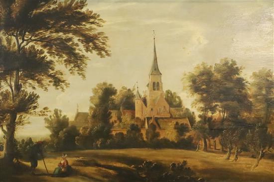 19th Century Flemish School Church in a landscape 15.75 x 23.25in.